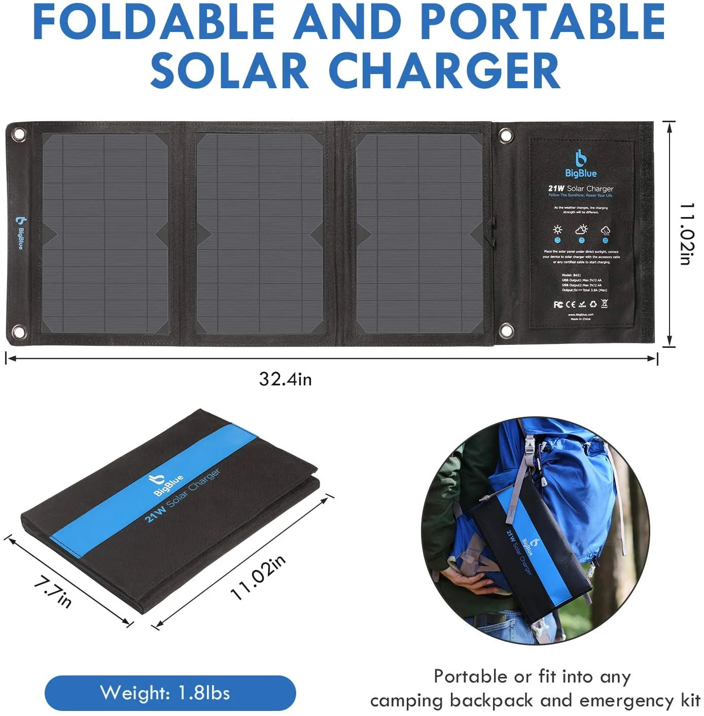 28W Portable Solar Panel Charger, USB Solar Phone Charger with Sunpower Solar Panel for Hiking Camping Emergency Outdoors