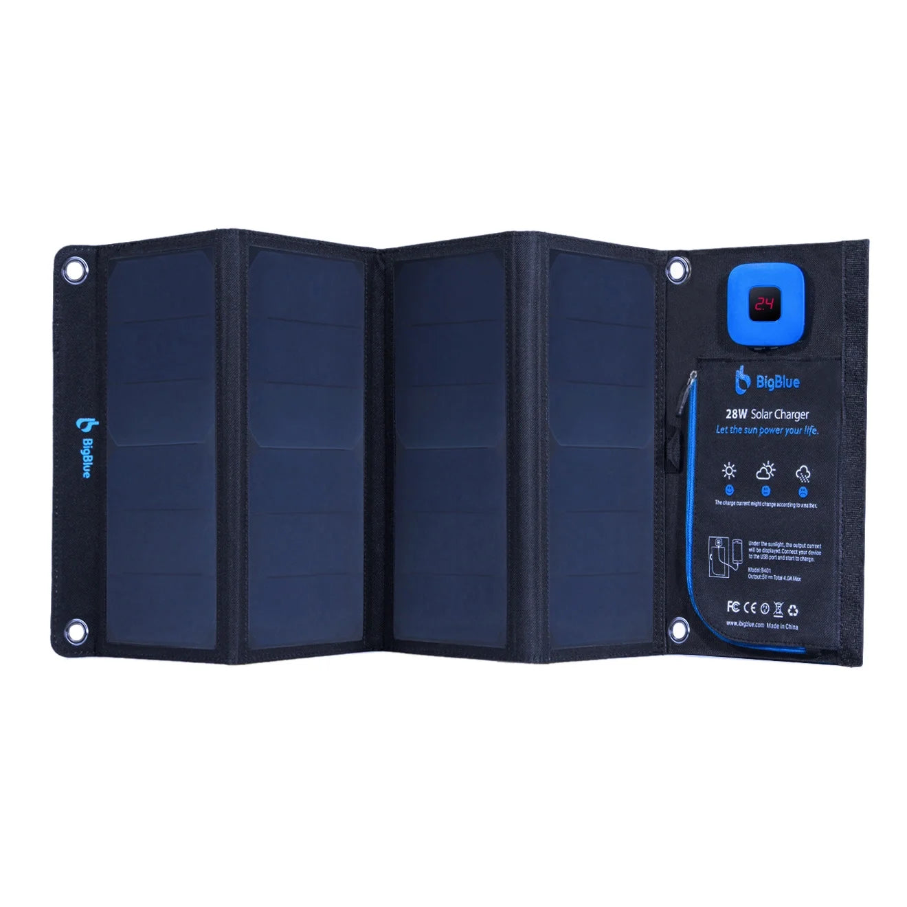 28W Solar Panels Charger with Digital Ammeter, Dual USB Port (5V/4A Overall), Solar Charger for Cell Phone Hiking Camping Emergency Outdoors