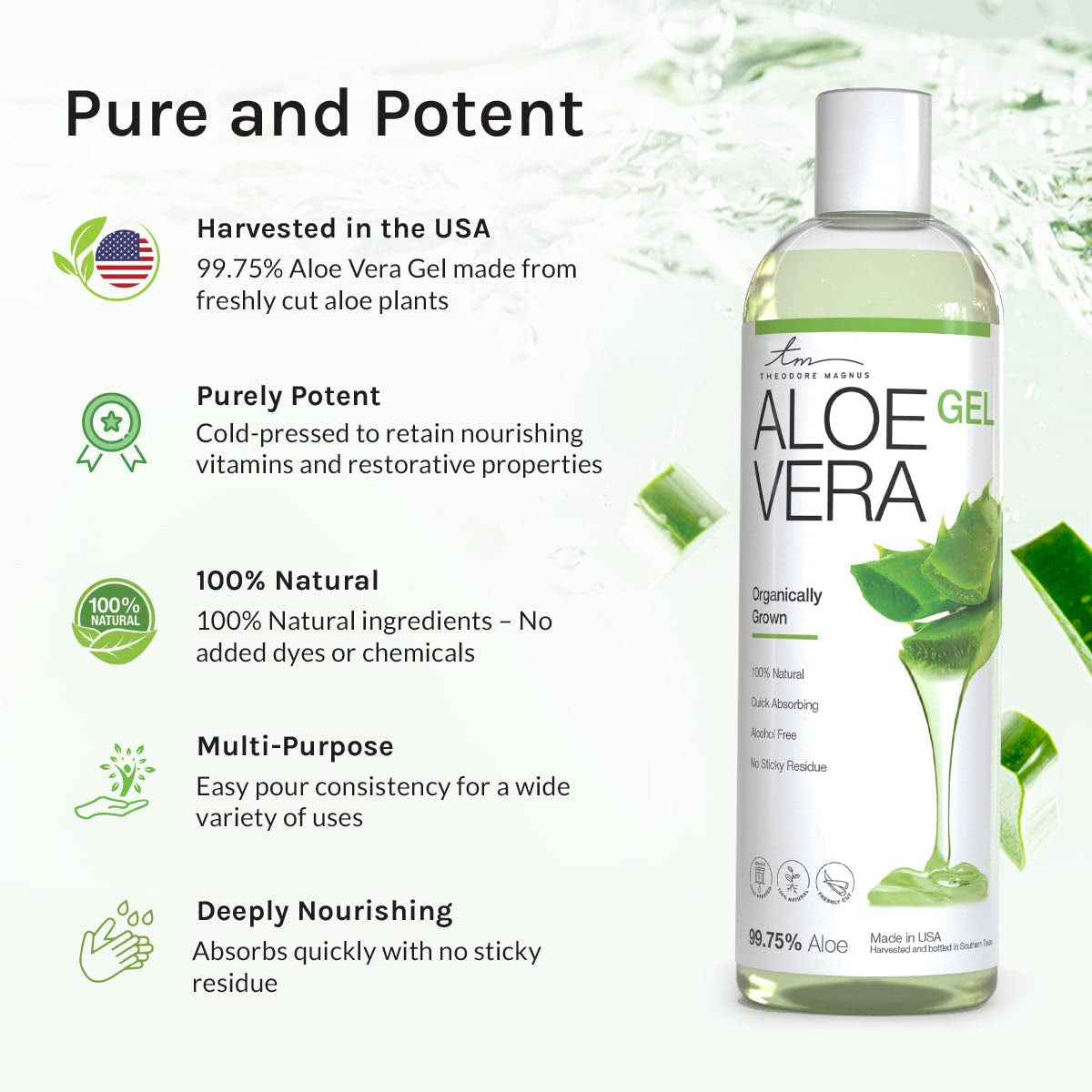 Organic Cold Pressed Aloe Vera Gel - Great for Skin and Hair - Sun Burn Relief, Moisturizing, Dry Skin, Acne, Razor Bumps, and More - Grown and Bottled in US - 12 Fl Oz