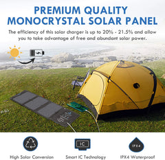 28W Portable Solar Panel Charger, USB Solar Phone Charger with Sunpower Solar Panel for Hiking Camping Emergency Outdoors