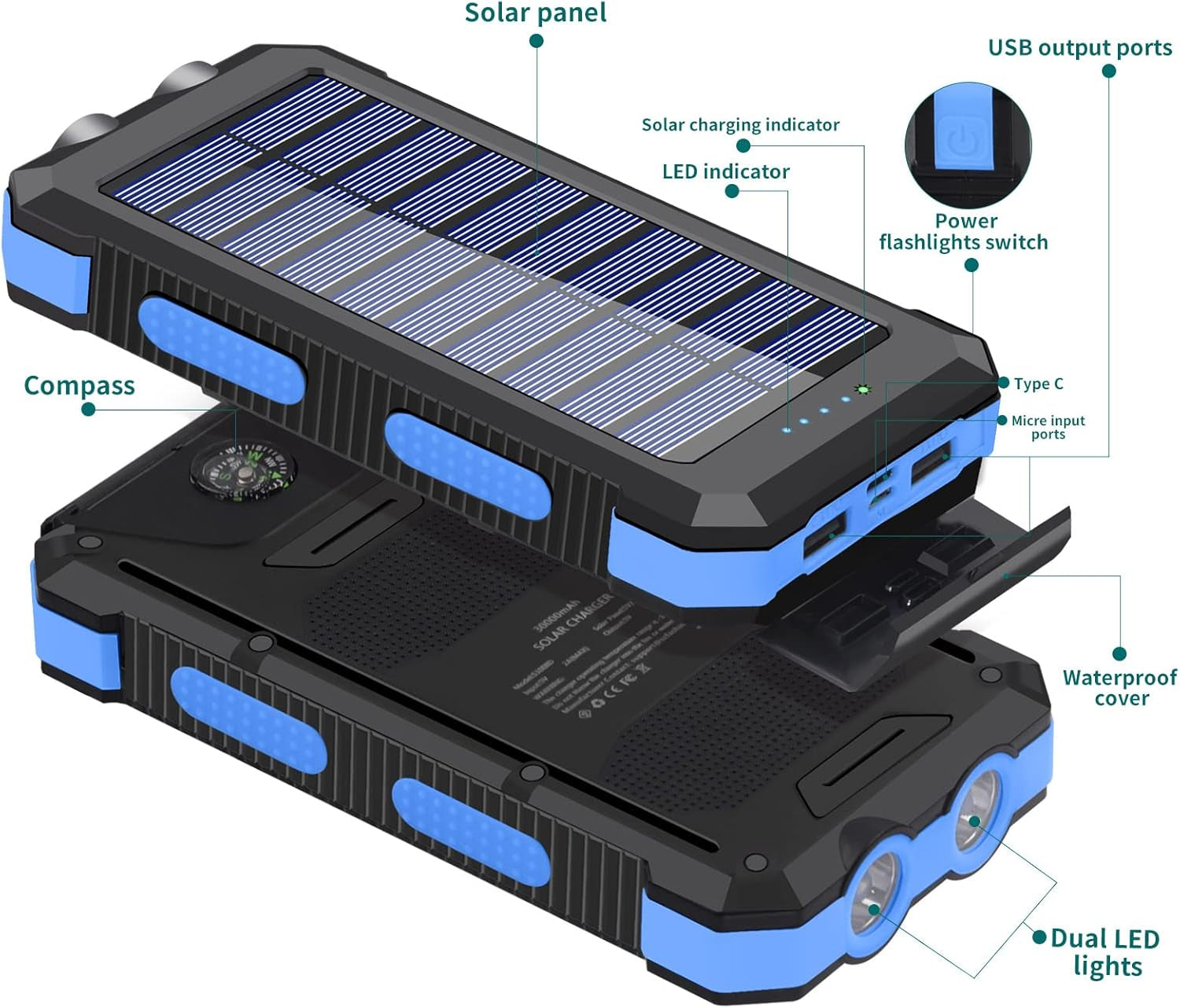 Solar Charger, 30000Mah USB C Portable Solar Power Bank with Dual USB/LED Flashlights, Waterproof External Backup Battery Pack Charger for Cellphone, Tablets and Electronic Device