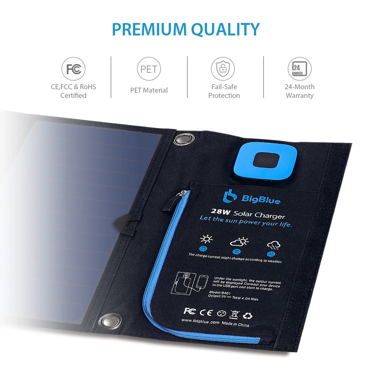 28W Solar Panels Charger with Digital Ammeter, Dual USB Port (5V/4A Overall), Solar Charger for Cell Phone Hiking Camping Emergency Outdoors