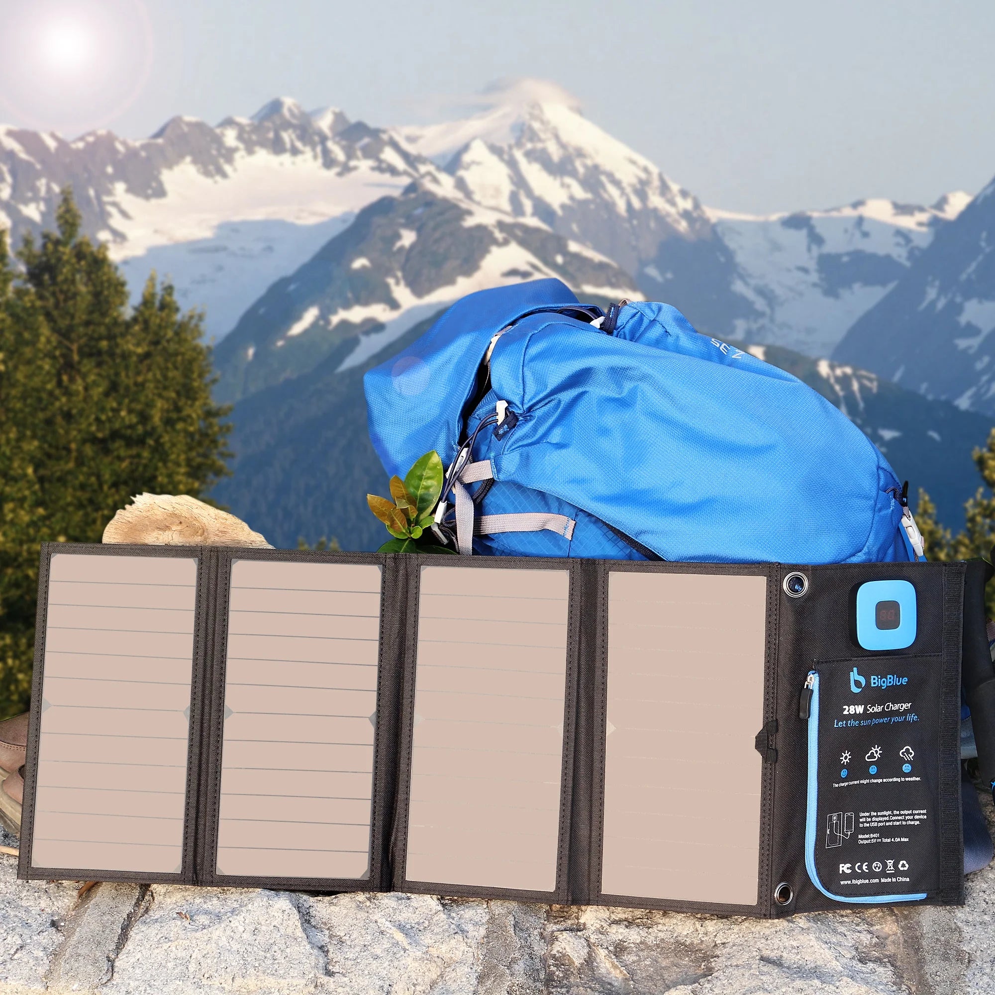 28W Solar Panels Charger with Digital Ammeter, Dual USB Port (5V/4A Overall), Solar Charger for Cell Phone Hiking Camping Emergency Outdoors