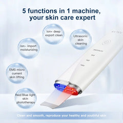 Ultrasonic Skin Scrubber Blue Light Skin Care Deep Face Cleaning Peeling Shovel Facial Pore Cleaner Facial Lifting Machine,White