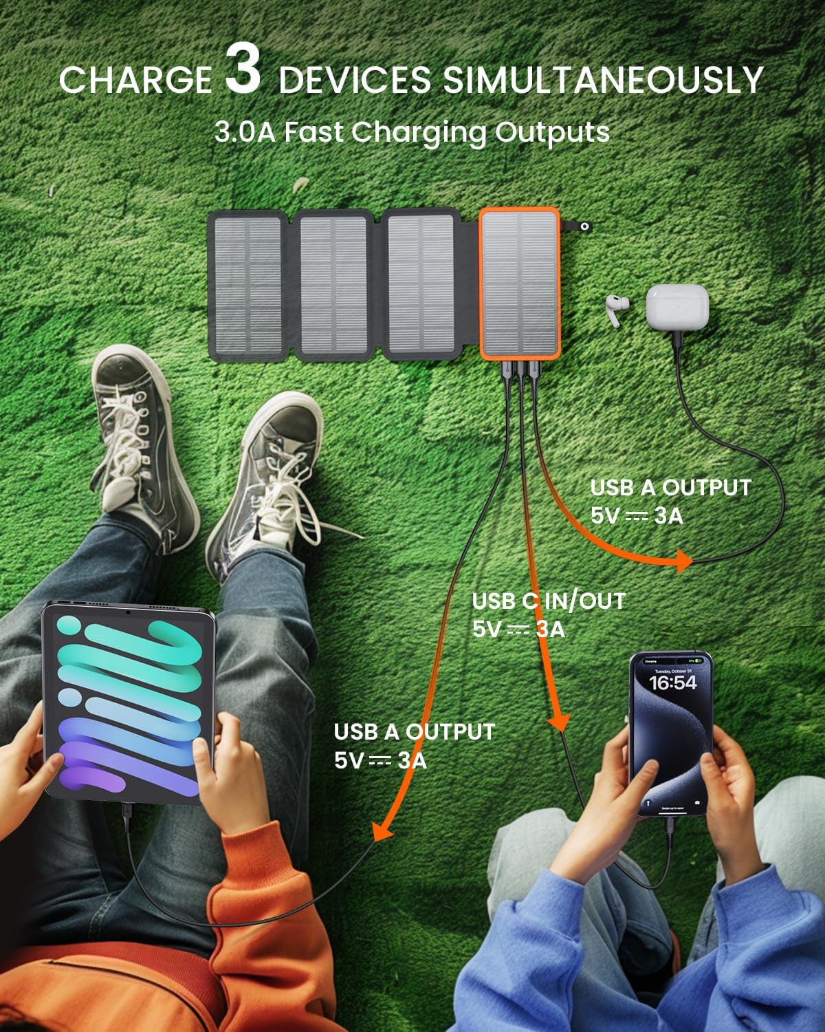 Solar Charger Power Bank 25000Mah - 3A Fast Charge Solar Phone Charger PD QC 3.0 Battery Pack with 4 Solar Panels, 3 USB Ports for Smartphones Tablets Outdoor Camping Hiking